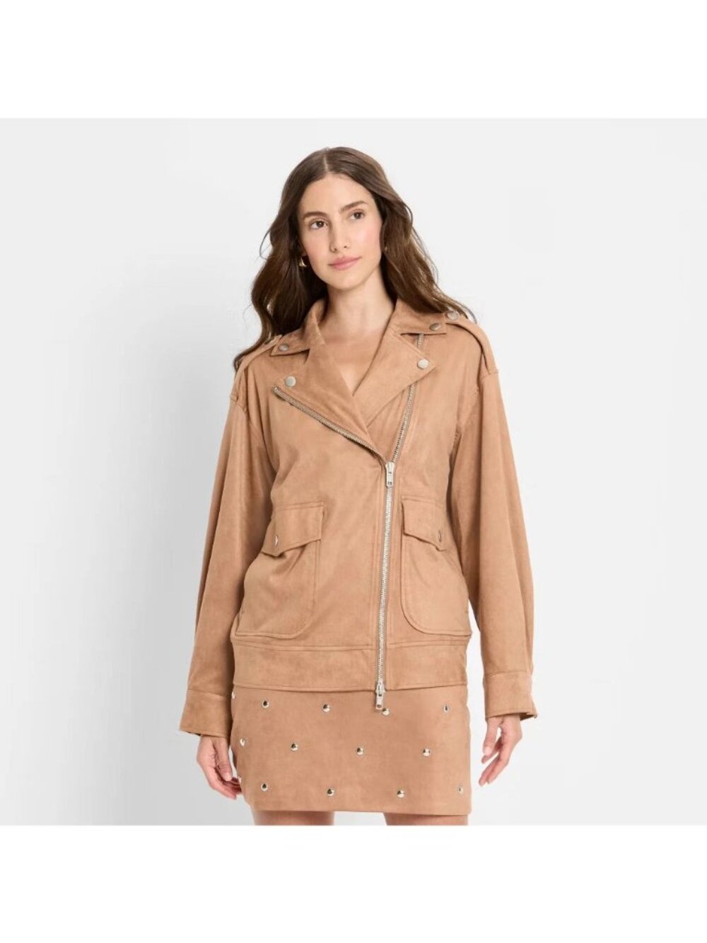Future Collective Faux Suede Tan Full Zip Front Moto Jacket -- Women's Small